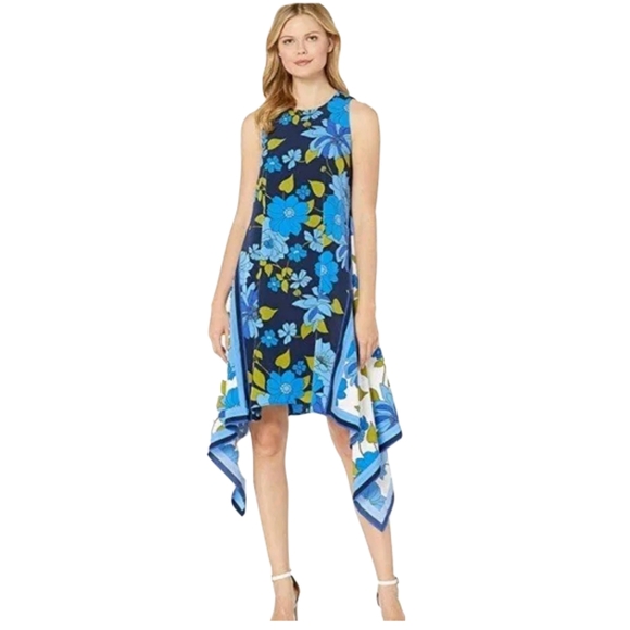 Maggy London Asymmetrical Blue Multicolored Floral Print Scarf Dress - Picture 1 of 7